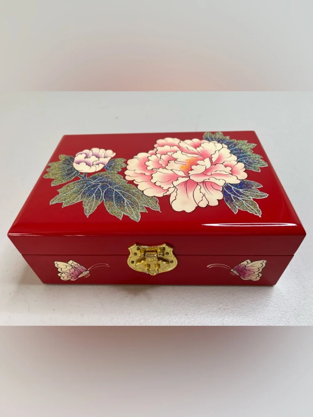 Red Vintage Wooden Jewelry Storage Box with Hand-Painted Floral Design